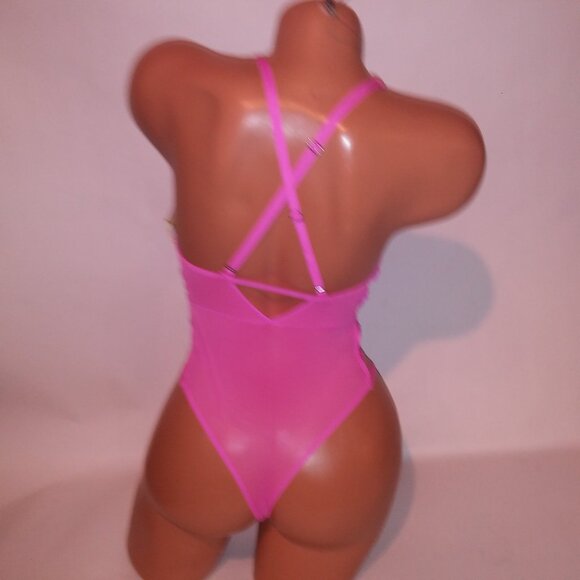 Auden Pink Lace Teddy Bodysuit XS Criss Cross Back NWT - Picture 7 of 12
